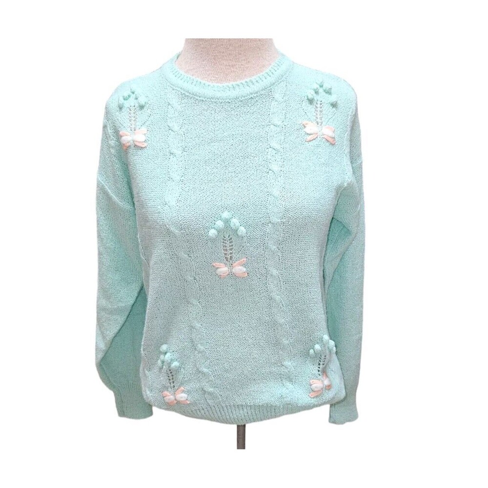 Vintage Pullover Mint Green Sweater Butterflies Size S Fantastik Cottagecore - Picture 1 of 11